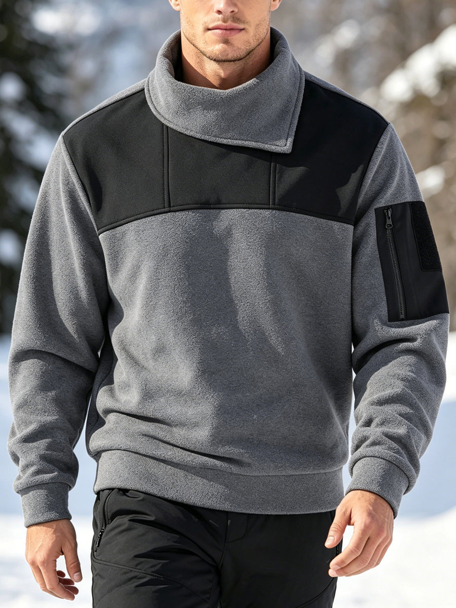 Men's Fashion Sweatshirt with Asymmetrical Collar, Fleece Top, Tactical Warm Jacket for Urban Sports, Fitness, Running, and Casual Attire - Grey