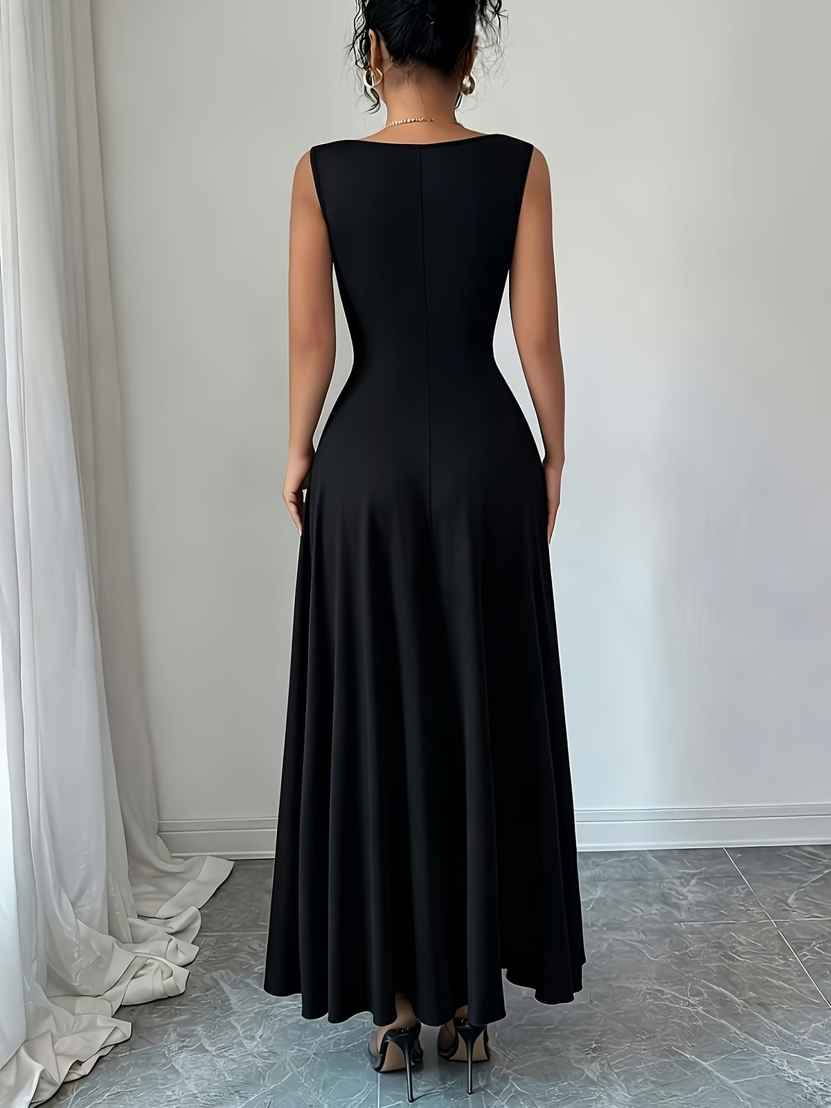 Sleeveless Puff Sleeve Dress Women'S Metallic Buckle Waist-Cinching Bodycon Skirt Elegant Temperament Evening Date Dress Long Dress - Black