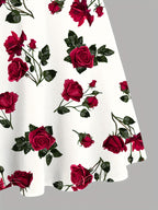 Elegant Casual Dress with a Rose Print, Front Pleats, Cross Wide Shoulder Straps, And Off-Shoulder Design - White
