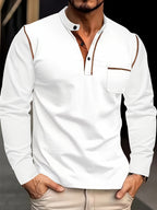 [JOSHIMAI OBM] 4pcs Men'S Long Sleeve Henley Shirts, Soft Comfortable Skin-Friendly Fabric, Lightweight Breathable Easy Care Stand Collar 3-Button Placket with Chest Pocket Detail, Solid Color Casual Top, Versatile for Office Commute - White + Black + Khaki + Burgundy