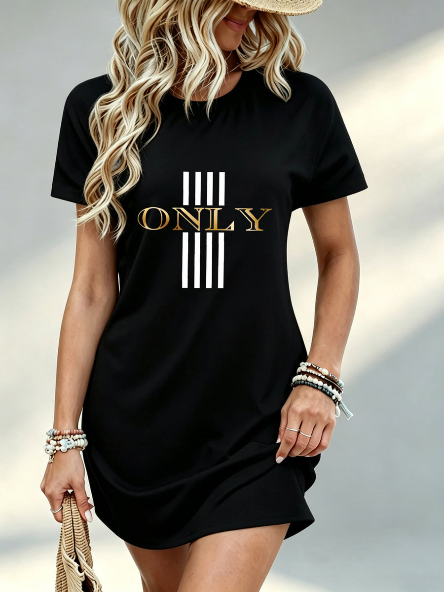 Printed Design Not Textured, Casual Ladies Dress, Only Letter Print, Daily Wear, Gift for Her, 100 Percent Polyester - Black