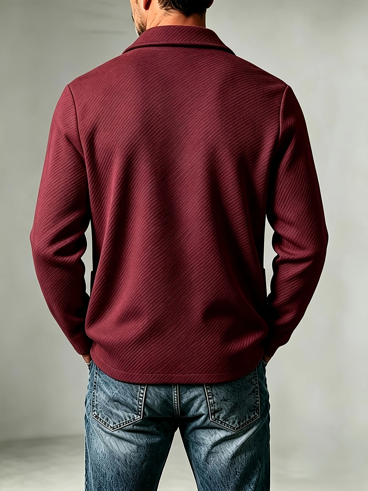 Men's New Spring, Autumn, and Winter Collection: Twill Textured Fabric Single-Breasted Notched Lapel Cardigan with Double Pockets, a Versatile Long-Sleeve Business Casual Outerwear. Soft, Comfortable, and Stylish Knitted Solid-Color Jacket - Burgundy