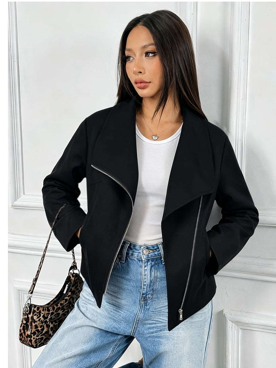 Autumn Winter New European Style Premium Asymmetrical Lapel Diagonal Zipper Short Jacket Solid Color Long Sleeve Top - Black