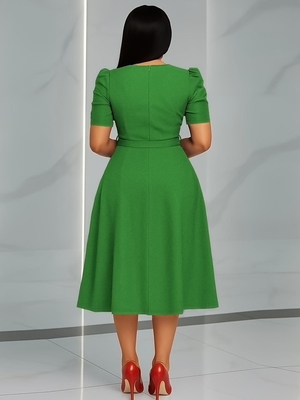 Women'S Elegant V-Neck Ruched Midi Dress, Solid Color Short Sleeve, Waist-Cinching Belt, Flowing Skirt, Perfect Spring Summer Outfit, Adult Fashion, Comfortable Daily Elegant Waist-Cinching Dress, Ruched Detail - Emerald Green