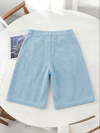 Women's 8-Wale Corduroy Wide Leg Bermuda Shorts, High Waisted Versatile Casual Shorts, Multi-Color Vintage Style, Soft & Stretchy, Suitable for Spring, Summer and Autumn - Light Blue