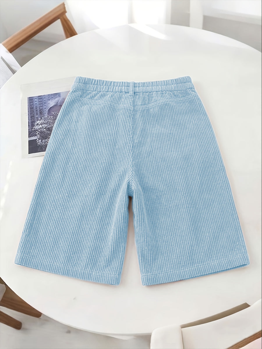 Women's 8-Wale Corduroy Wide Leg Bermuda Shorts, High Waisted Versatile Casual Shorts, Multi-Color Vintage Style, Soft & Stretchy, Suitable for Spring, Summer and Autumn - Light Blue