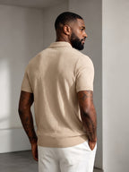 Men's Mature Business Style Knit Polo Shirt, 100% Pure Fabric, Breathable and Skin-friendly. Honeycomb Texture Jacquard Design, Simple Solid Color, Paired with a Three-button Lapel Collar, Clean Cut for a Flattering Fit. Suitable for Summer Commuting - Khaki