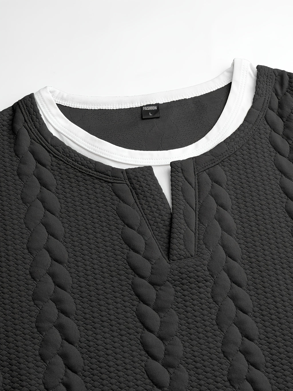 Summer Vintage Vertical Stripe Twisted Cable Embossed Men's Short Sleeve Double-Layer 2-in-1 Look Layered Design Henley Collar T-Shirt, Breathable Textured Versatile Top for Daily Commuting - Black