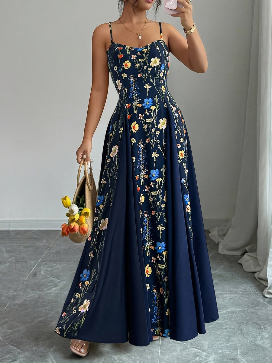 Spring And Summer New Elegant Resort European And American Fashion Trend Casual Women'S Clothing Floral Print Sleeveless Square Neck Suspender Dress - Navy Color