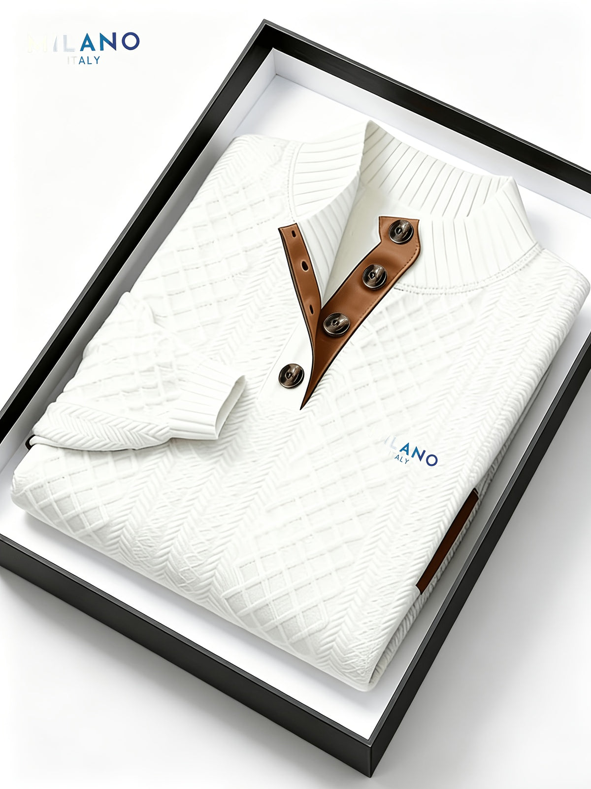MILANO Italian Stand Collar Men'S Sweater Autumn Winter Jacquard Diamond Check Business Casual Half-Button Pullover, Knit - White