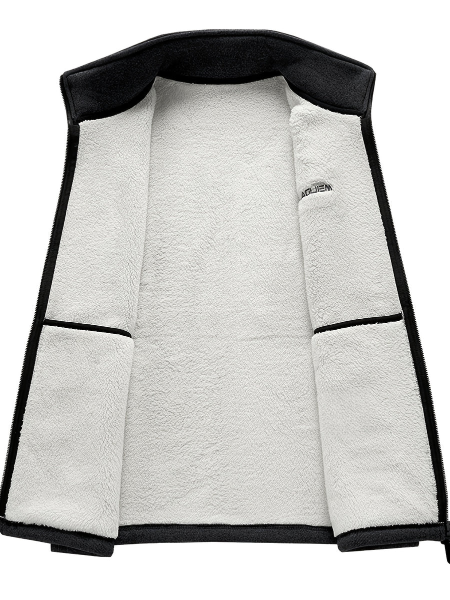 Men's Autumn Winter Casual Fleece-Lined Vest, Thickened Faux Blend Fleece Stand Collar Cardigan Vest for Outdoor and Home Wear, Warm Sleeveless Jacket Vest - Black