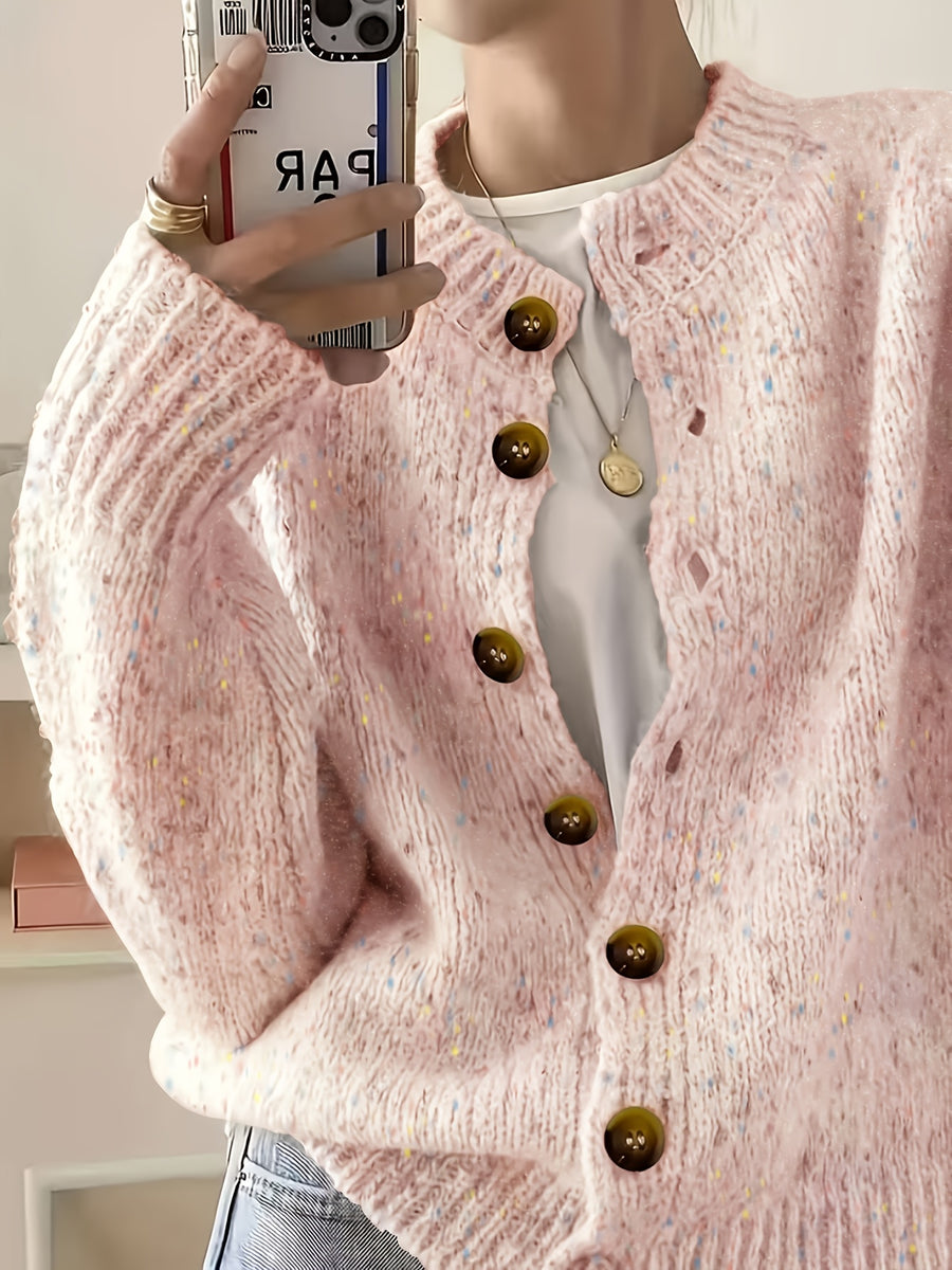 Women's Casual Colorful Button-front Cardigan with Soft Long Sleeves, Round Neck, Light-weight Fashion Candy-colored Dot Pattern, Casual and Elegant Garment | Stretch Fabric Cardigan Suitable for Casual Attire - Light Pink Color