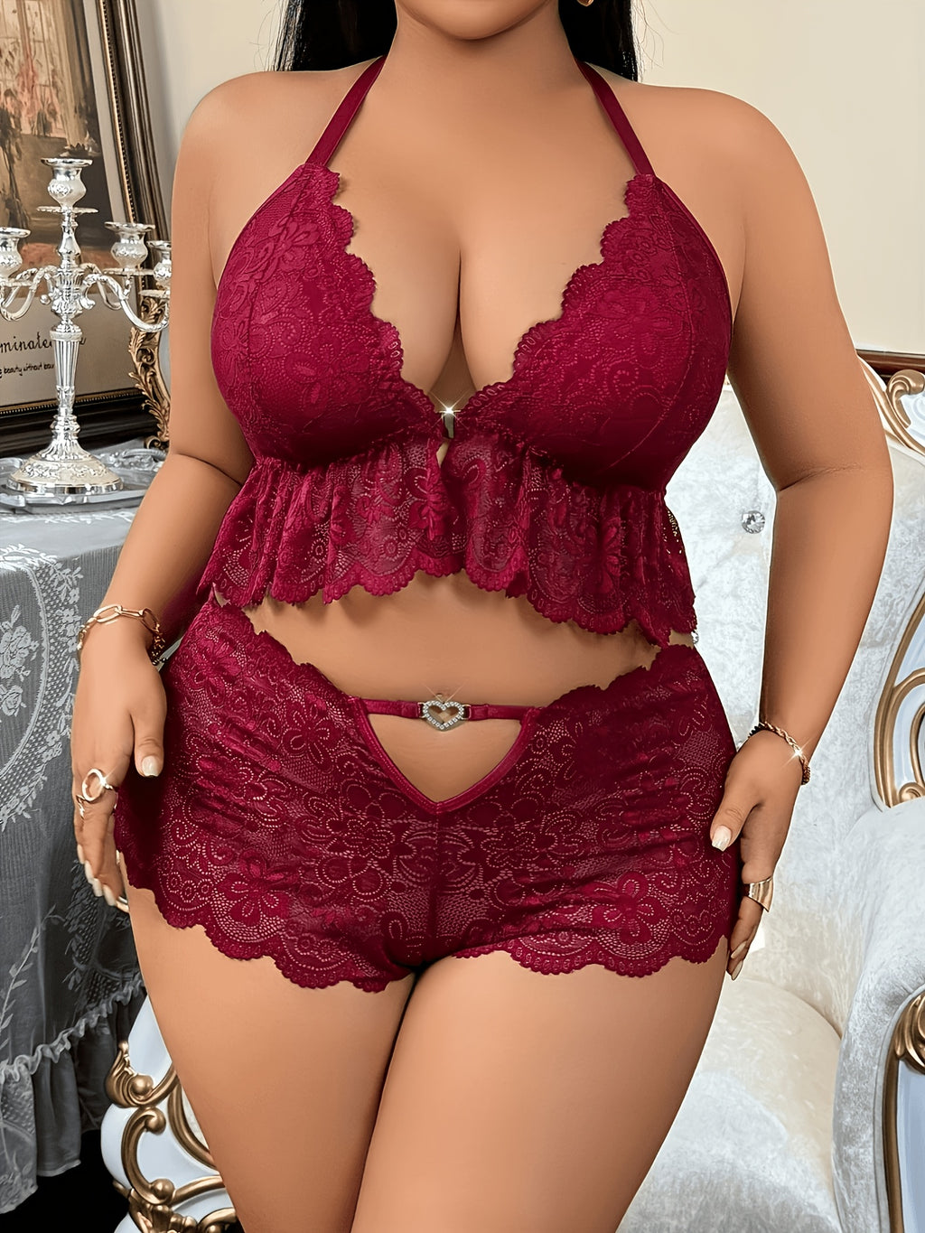 Plus Size Front-Button Lace Patchwork Backless 3-Ring Buckle Sexy Lingerie Heart-Shaped Hollow-Out Pants Set - Burgundy