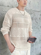 Men's Casual Fashion Hollow-Out Knit Sweater - Off-white
