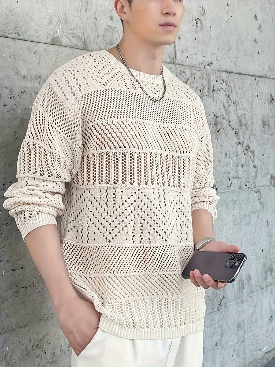 Men's Casual Fashion Hollow-Out Knit Sweater - Off-white