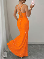 Women's Sparkling Strapless Backless Mermaid Gown for Formal Occasions - Orange