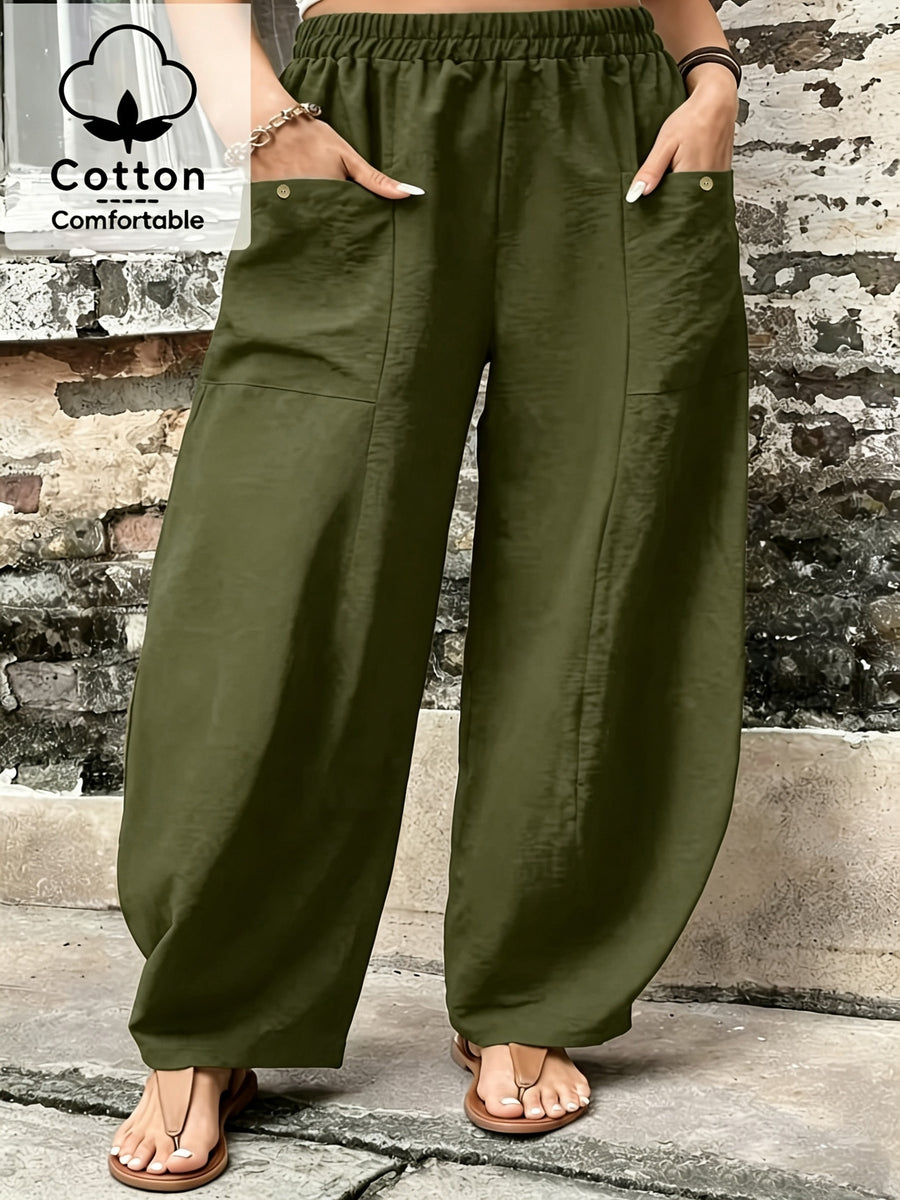 Plus Size, Plus Size Stylish Women's Solid Color Casual Pants, Elastic High Waist with Pockets, Loose Wide-Leg Trousers, Versatile Pants for Commuting and Vacation - Olive Green