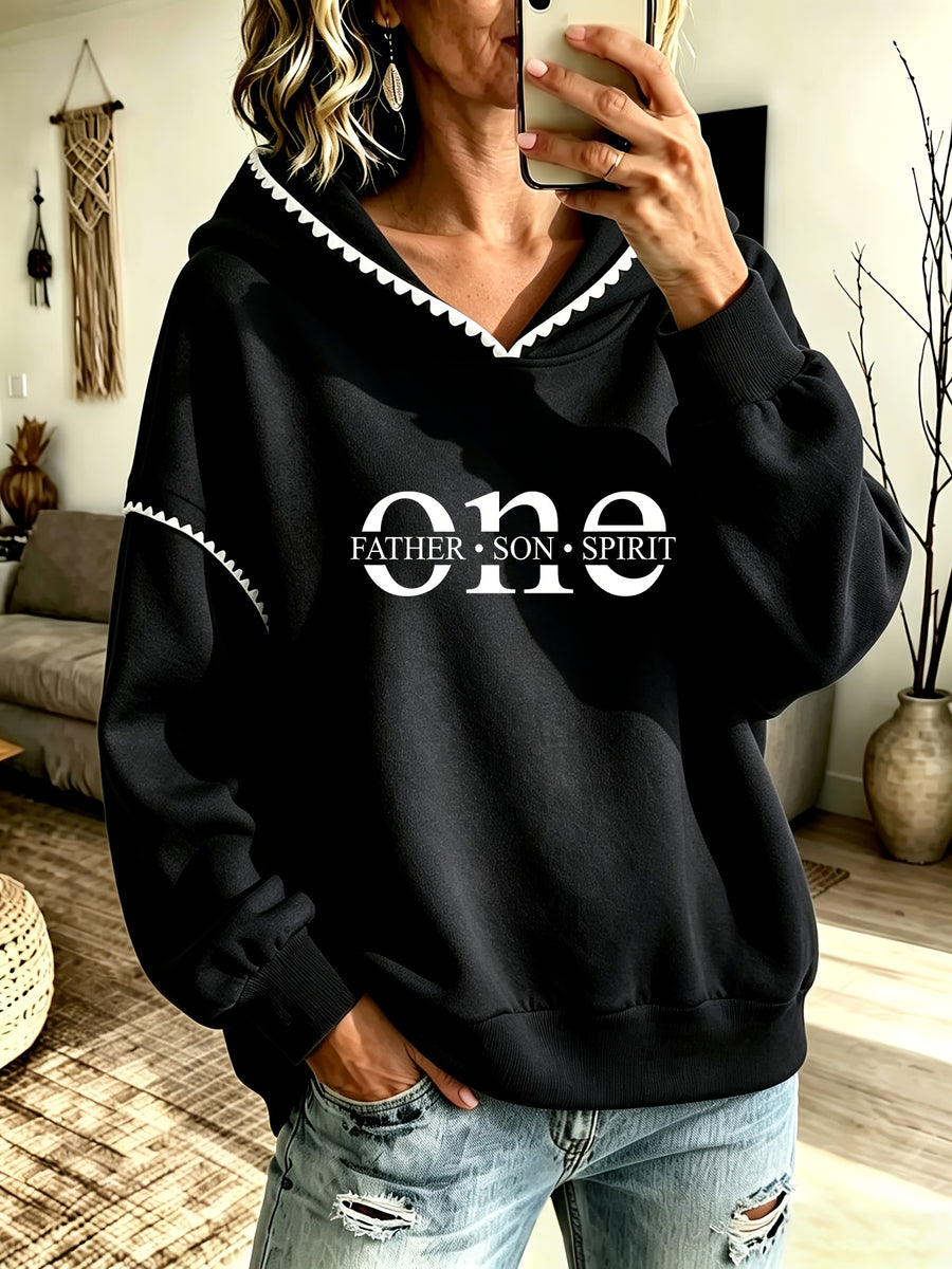 Women's Color-Blocked Shell Lace Patchwork Hooded Sweatshirt with Letter Print, Loose Drop-Shoulder Long-Sleeve Pullover Top, Early Autumn Casual Outerwear for Home, Commuting,, Shopping, and Outings - Black