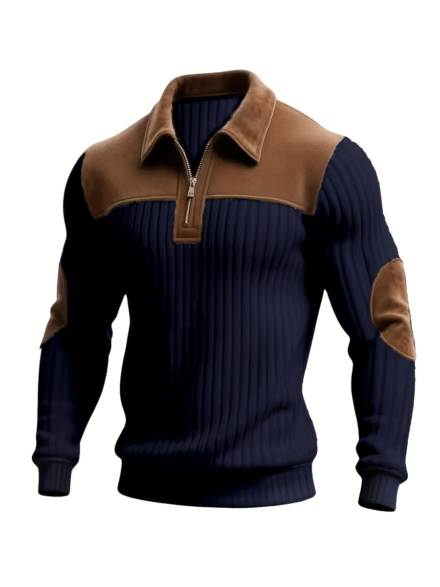 New Christmas Men's Autumn/Winter Brushed Ribbed Cable Knit Sweater, Casual Color-Block Long Sleeve Patchwork Plush Sport Henley Zip-Up Top - Navy Color