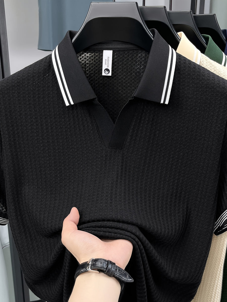 Men'S Scissor Collar Sweater, Summer Short Sleeve Breathable Knit Top, Contrast Striped Collar Design, Casual Knit Top, Summer Thin Breathable V-Neck Short Sleeve T-Shirt, Men'S Top - Black