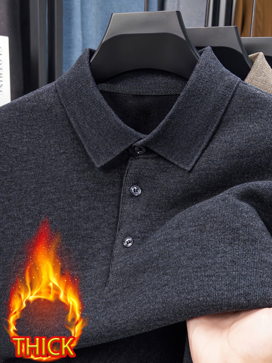 Men's -lined Lapel Polo Knit Sweater, with Plush Inner Lining, for Autumn and Winter Cold Protection. Suitable for Wearing Alone in Late Autumn and Early Winter, or as a Base Layer in Winter. Keeps You Warm Without Adding Bulk - Dark Grey