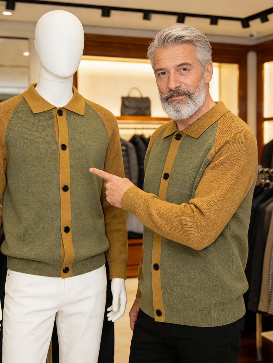 New Spring And Autumn Men'S Knitted Cardigan with a Large Lapel And Buttons, Featuring Trendy Color-Blocking Design, Comfortable And Warm Men'S Sweater Jacket A523 - Khaki