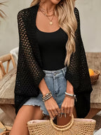 Elegant Spring and Summer Women's Cape Style Hollow Cardigan, Women's Vacation Beach Cardigan, Breathable Sweater Cover-Up - Black