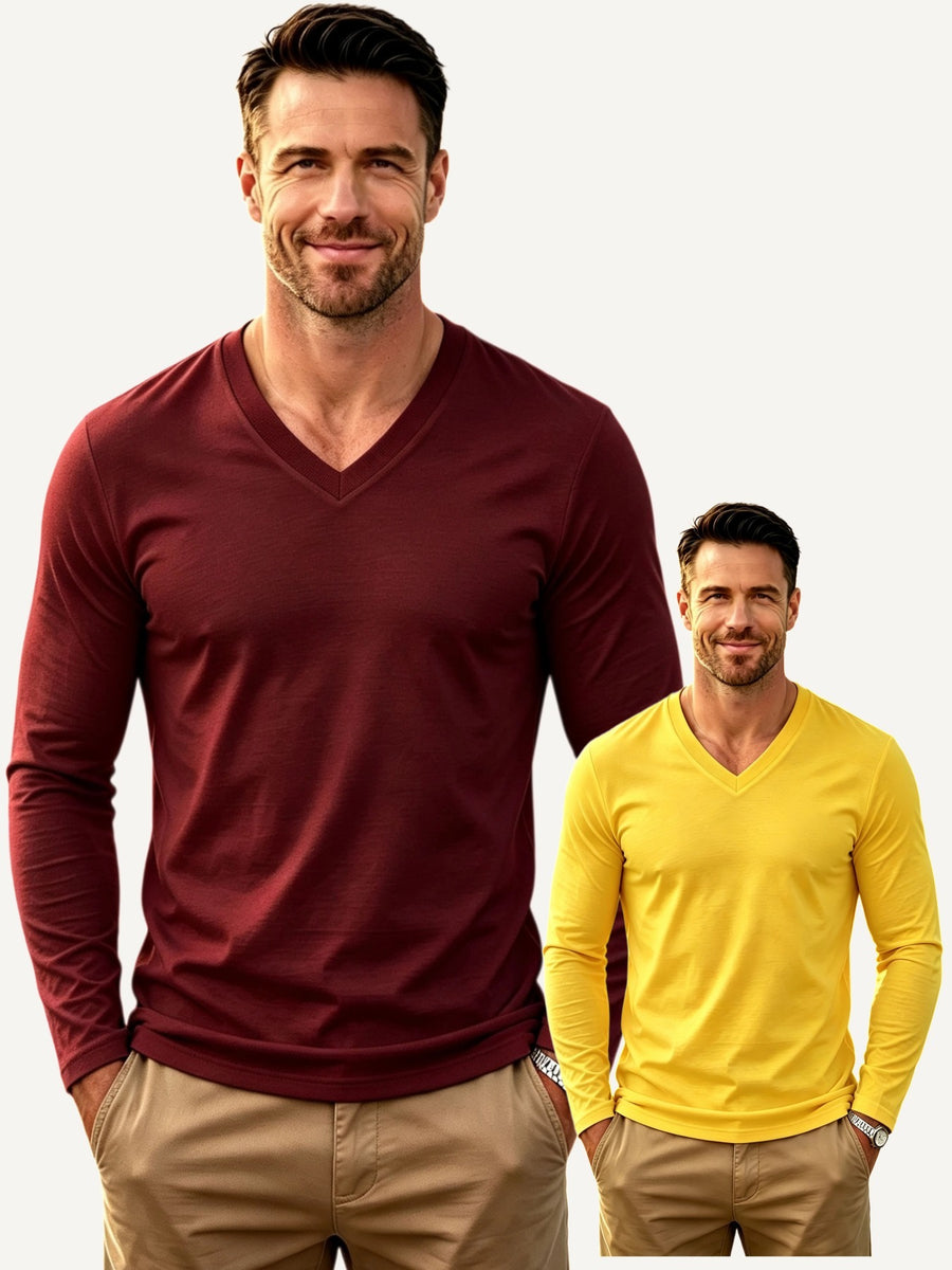 100%, 2pcs Men'S V-Neck Long Sleeve T-Shirts, Men'S Knit Sweatshirts, Casual Athletic Ribbed Neck Tops - Burgundy + Yellow