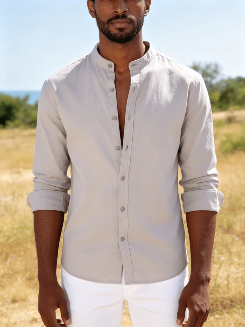 26-Year-Old Men'S New Small Stand-Up Collar Long-Sleeve Shirt, Classic Solid Colors And Multi-Colors Available. Soft, Breathable, Loose Fit for Men, Versatile Shirt for Daily Leisure - Grey