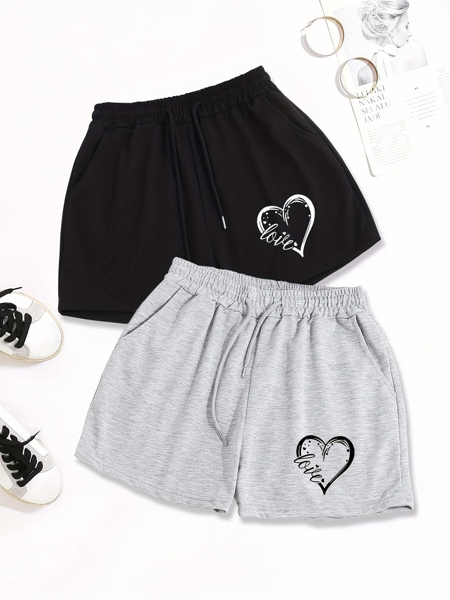 2pcs, Letter Pattern Drawstring Shorts, Casual Shorts, Women'S Clothing - Black+gray