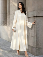 1pc Women Open Front Abaya Cardigan, Elegant Pearl Rhinestone Embellished Long Sleeve Maxi Outerwear, Modest Islamic Dubai Style Abaya Coat for Party Evening - Apricot