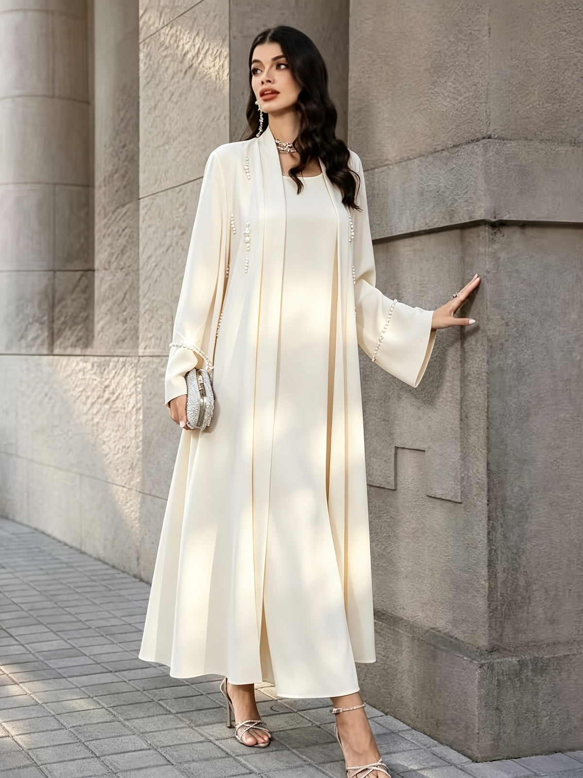 1pc Women Open Front Abaya Cardigan, Elegant Pearl Rhinestone Embellished Long Sleeve Maxi Outerwear, Modest Islamic Dubai Style Abaya Coat for Party Evening - Apricot