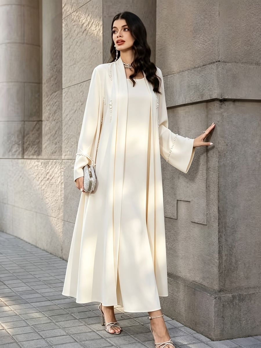 1pc Women Open Front Abaya Cardigan, Elegant Pearl Rhinestone Embellished Long Sleeve Maxi Outerwear, Modest Islamic Dubai Style Abaya Coat for Party Evening - Apricot