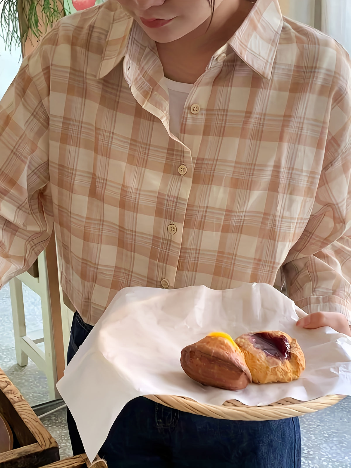 Women's Casual Plaid Shirt - Korean-Inspired Oversized Long Sleeve Button-Up with Checkered Pattern, Lightweight Breathable Fabric for Spring/Summer, Machine Washable Loose Fit Blouse, Summer Outfit, Soft Texture, Buttondown Top, Adults - Orange-Red