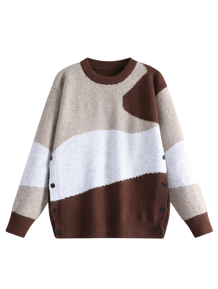 Men's Color-Block Wave Patchwork Sweater - Loose Fit Button-Front Placket Crew Neck Pullover, Warm Winter Sweater Suitable for Fall/Winter, Casual Office & Casual Attire, Non- Patchwork - Coffee Brown