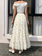 Women'S Floral Print Long Elegant Pleated Skirt - Multicolor Flower Pattern, High-Waist Design, Flowing Cut, Suitable for Spring And Summer - Apricot