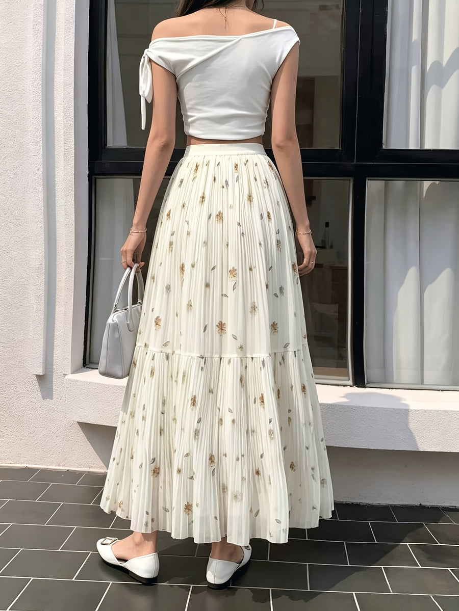 Women'S Floral Print Long Elegant Pleated Skirt - Multicolor Flower Pattern, High-Waist Design, Flowing Cut, Suitable for Spring And Summer - Apricot