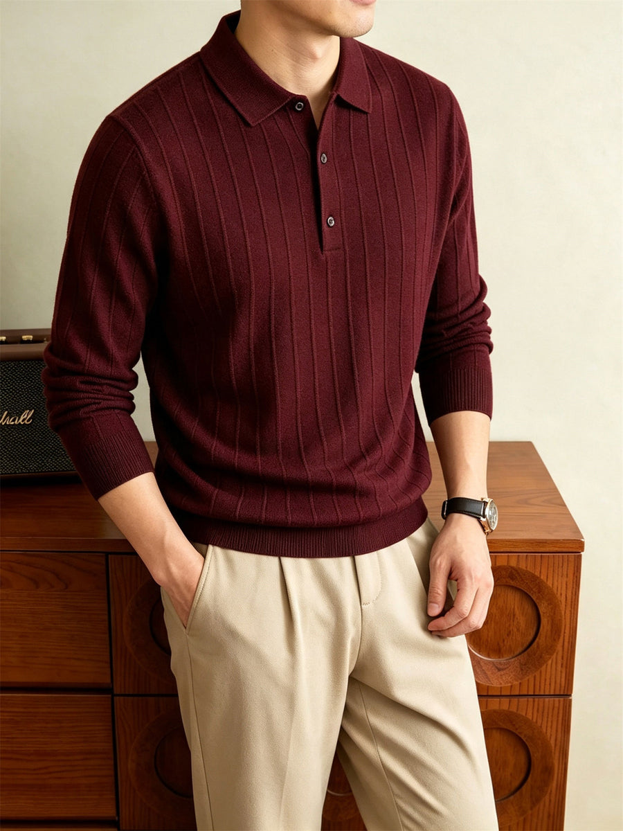 Autumn Winter Knit 3D Solid Color Lapel Sweater, Basic Knit Pullover Top for Men, Fashionable Long Sleeve Sweater HJ - Burgundy color