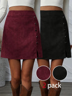 Women's Corduroy Casual Side Button Slit Hem A-Line Skirt - Red + Black