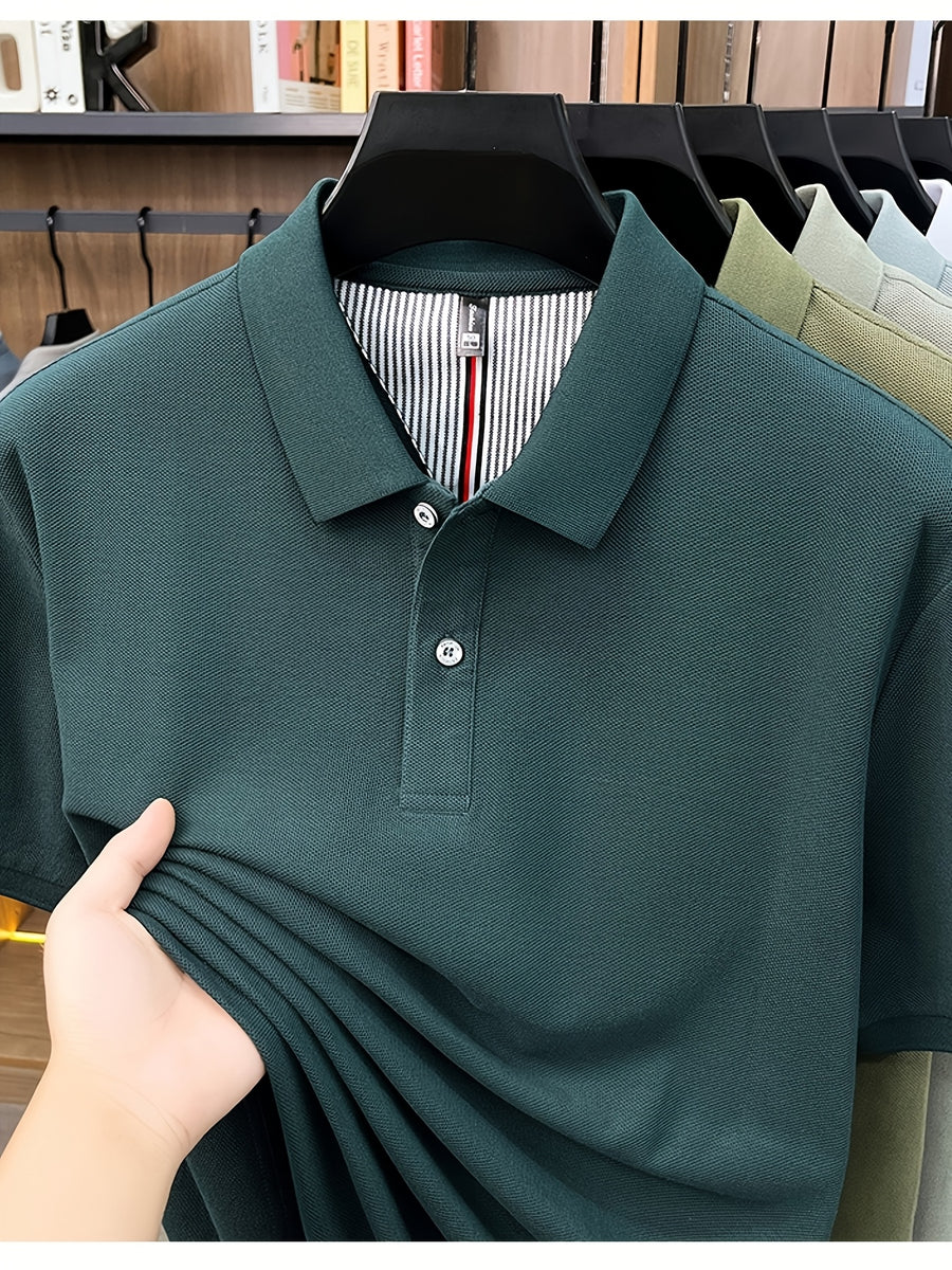 Men's Multi-Color Summer Pearl-Spun Mesh Long-Sleeve Polo Shirt with Contrast Lining and Lapel, Solid Color Simple Design, Skin-Friendly and Breathable, for Business Commuting, Daily Outings, Fishing Leisure, Mid-Life Men's Top - Dark Green