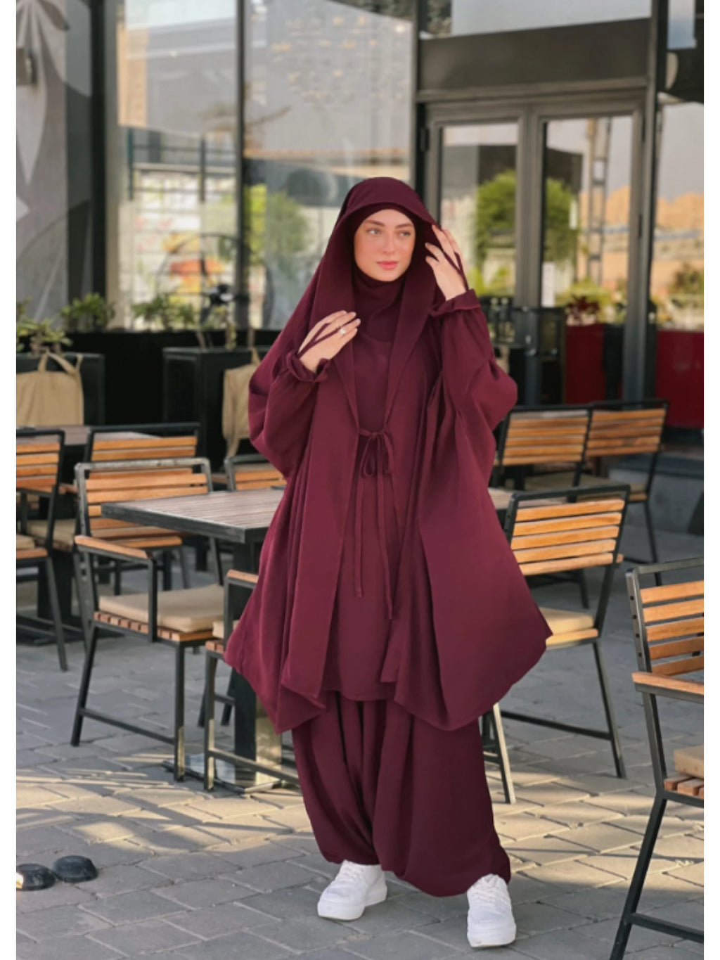 New Women's Middle Eastern Dubai Turkish Abaya Headscarf Matching S Casual Pants Set P303 - Burgundy