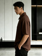Men'S Summer New Premium Loose Short Sleeve Half-Zip Collar Polo Shirt Jacquard Short Sleeve T-Shirt - Coffee Brown