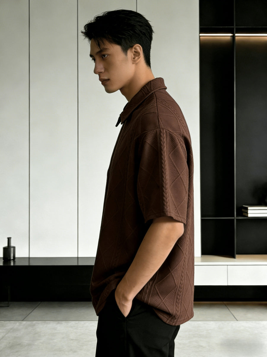 Men'S Summer New Premium Loose Short Sleeve Half-Zip Collar Polo Shirt Jacquard Short Sleeve T-Shirt - Coffee Brown