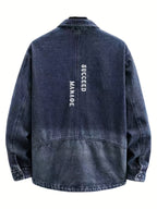 Men'S Casual Denim Shirt, Suitable for All Seasons, Machine Washable, Perfect for Outings with a Collegiate Style, Available in Adult Sizes - Peacock Blue