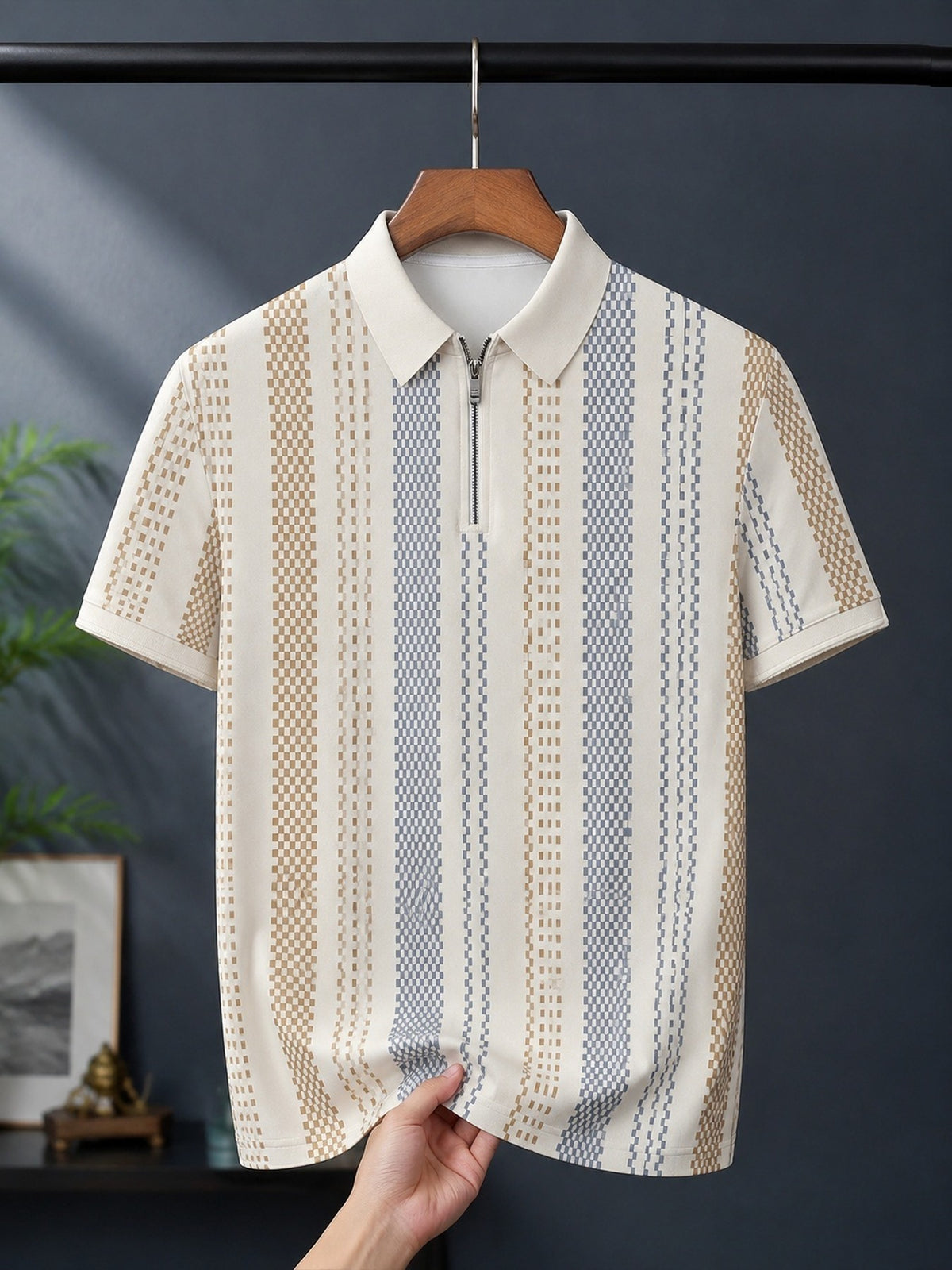 Men'S Digital Print Zipper Collar Short Sleeve Polo Shirt Casual Fashion Street Style Beige Blue Brown Stripe T-Shirt Summer Autumn Outdoor Wear - Mixed colors