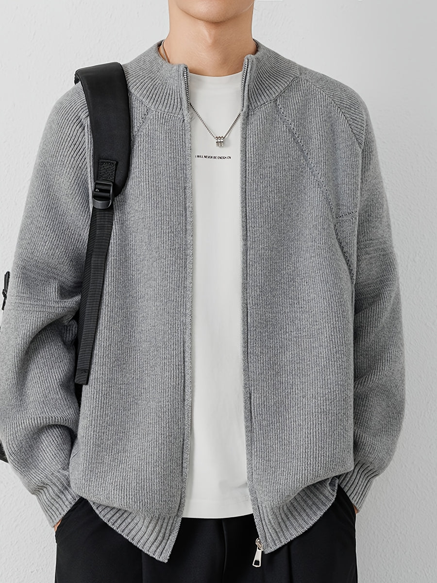 [Wading Whale OBM] 1pc Autumn Winter New Men'S Knit Cardigan, Old Money Style Textured Solid Color Round Neck Zipper Front Long Sleeve Sweater Vest Top, Men'S Casual Fashion, Suitable for Autumn And Winter Wear, Fits Daily Commute, Office Casual - Grey