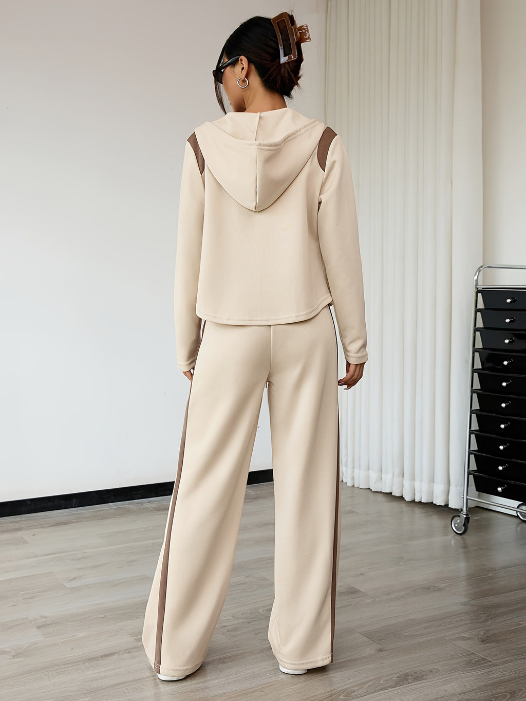 Women'S Suit Spring Long Sleeve Zipper Top And Straight Pants Ladies Autumn Casual Patchwork Two-Piece Set Women'S Clothing Elegant Contrast Hooded Drawstring Outfit - Apricot