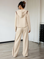 Women'S Suit Spring Long Sleeve Zipper Top And Straight Pants Ladies Autumn Casual Patchwork Two-Piece Set Women'S Clothing Elegant Contrast Hooded Drawstring Outfit - Apricot
