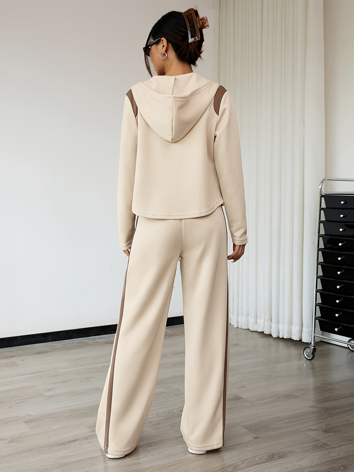 Women'S Suit Spring Long Sleeve Zipper Top And Straight Pants Ladies Autumn Casual Patchwork Two-Piece Set Women'S Clothing Elegant Contrast Hooded Drawstring Outfit - Apricot