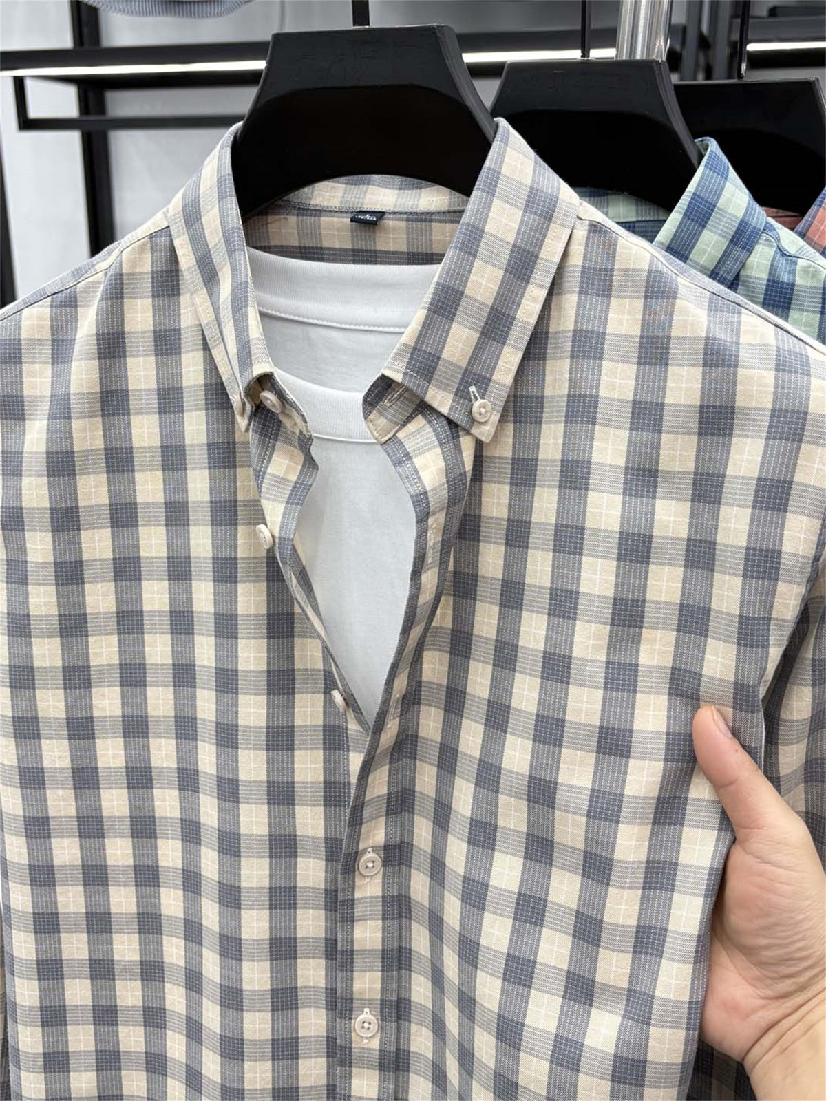 Men's Loose-Fit Thin Plaid Long-Sleeve Shirt for Spring, Summer, and Autumn, New Fashionable Casual Shirt for Young and Middle-Aged Men, Damai - Gray Grid